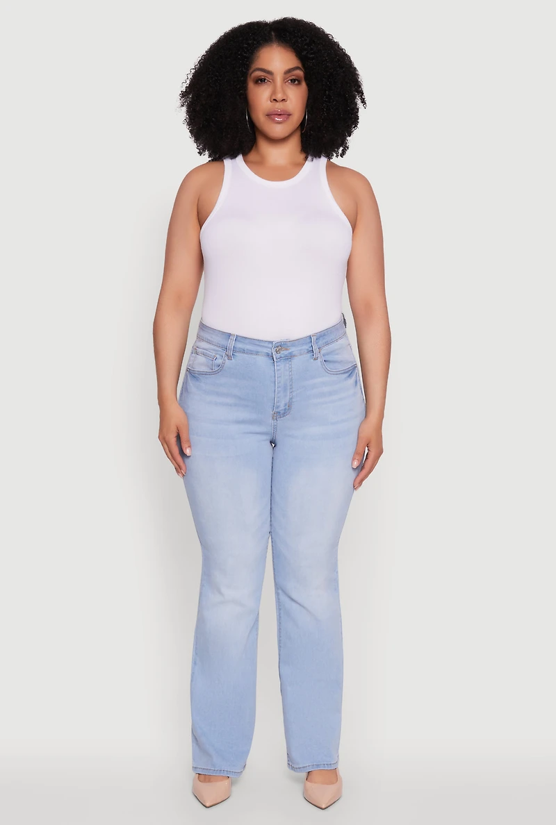 Womens Plus WAX High Waisted Whiskered Slim Flared Leg Jeans, Blue,