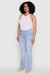 Womens Plus WAX High Waisted Whiskered Slim Flared Leg Jeans, Blue,