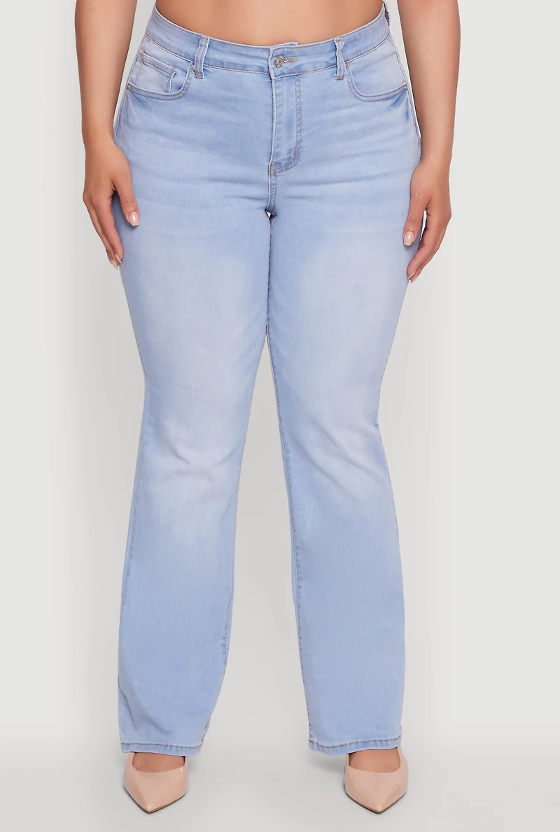 Womens Plus WAX High Waisted Whiskered Slim Flared Leg Jeans, Blue,