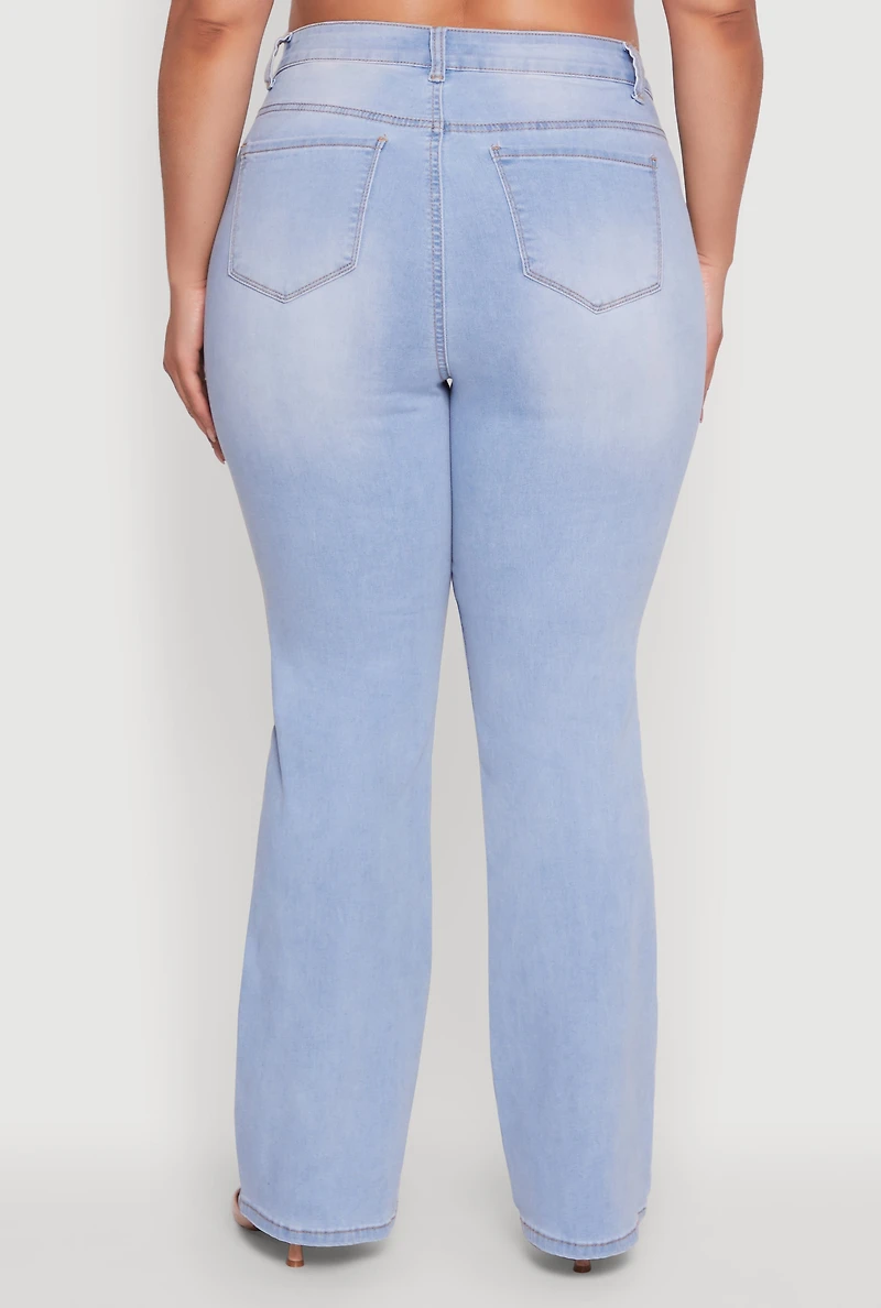 Womens Plus WAX High Waisted Whiskered Slim Flared Leg Jeans, Blue,