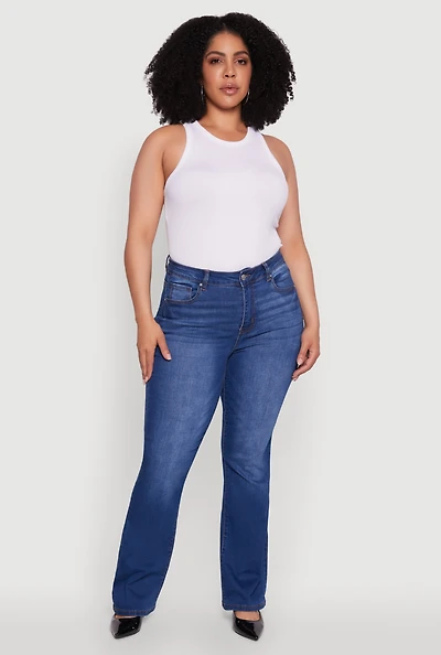 Womens Plus WAX High Waisted Whiskered Slim Flared Leg Jeans, Blue,