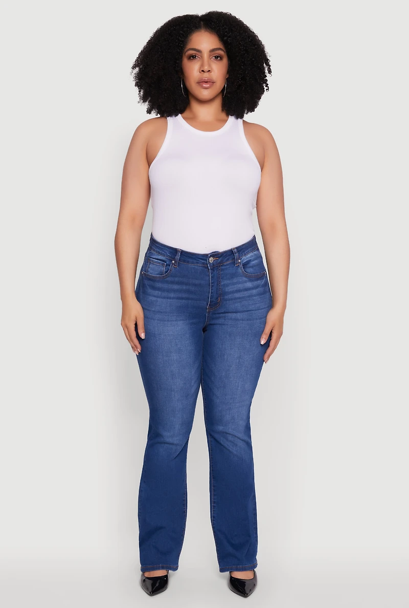 Womens Plus Size WAX High Waisted Whiskered Slim Flared Leg Jeans, Blue, Size 18