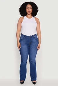 Womens Plus Size WAX High Waisted Whiskered Slim Flared Leg Jeans, Blue, Size 18