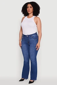 Womens Plus WAX High Waisted Whiskered Slim Flared Leg Jeans, Blue,