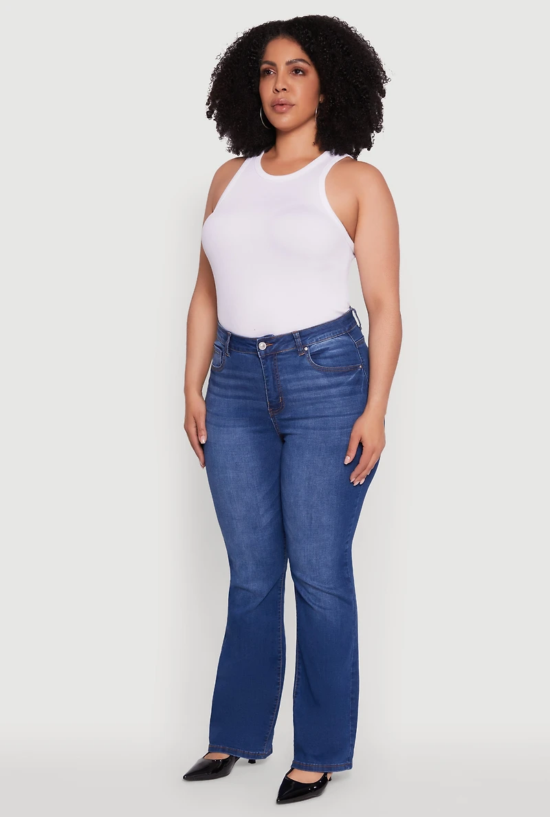Womens Plus Size WAX High Waisted Whiskered Slim Flared Leg Jeans, Blue, Size 18