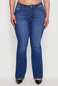 Womens Plus WAX High Waisted Whiskered Slim Flared Leg Jeans, Blue,