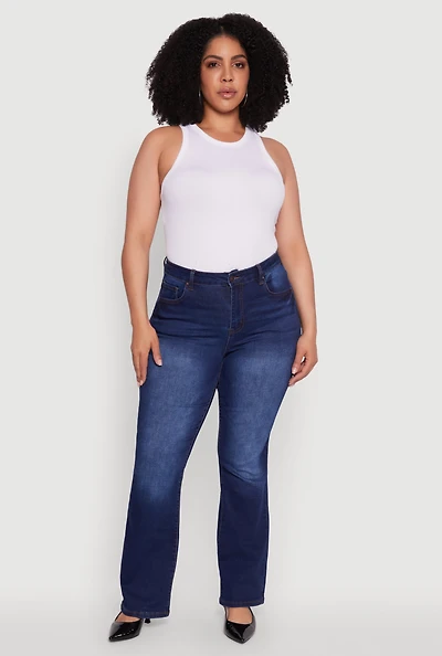 Womens Plus Size WAX High Waisted Whiskered Slim Flared Leg Jeans, Blue, Size 14