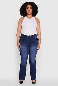 Womens Plus WAX High Waisted Whiskered Slim Flared Leg Jeans, Blue,