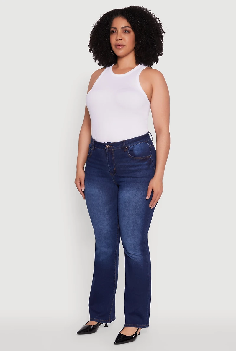 Womens Plus WAX High Waisted Whiskered Slim Flared Leg Jeans, Blue,