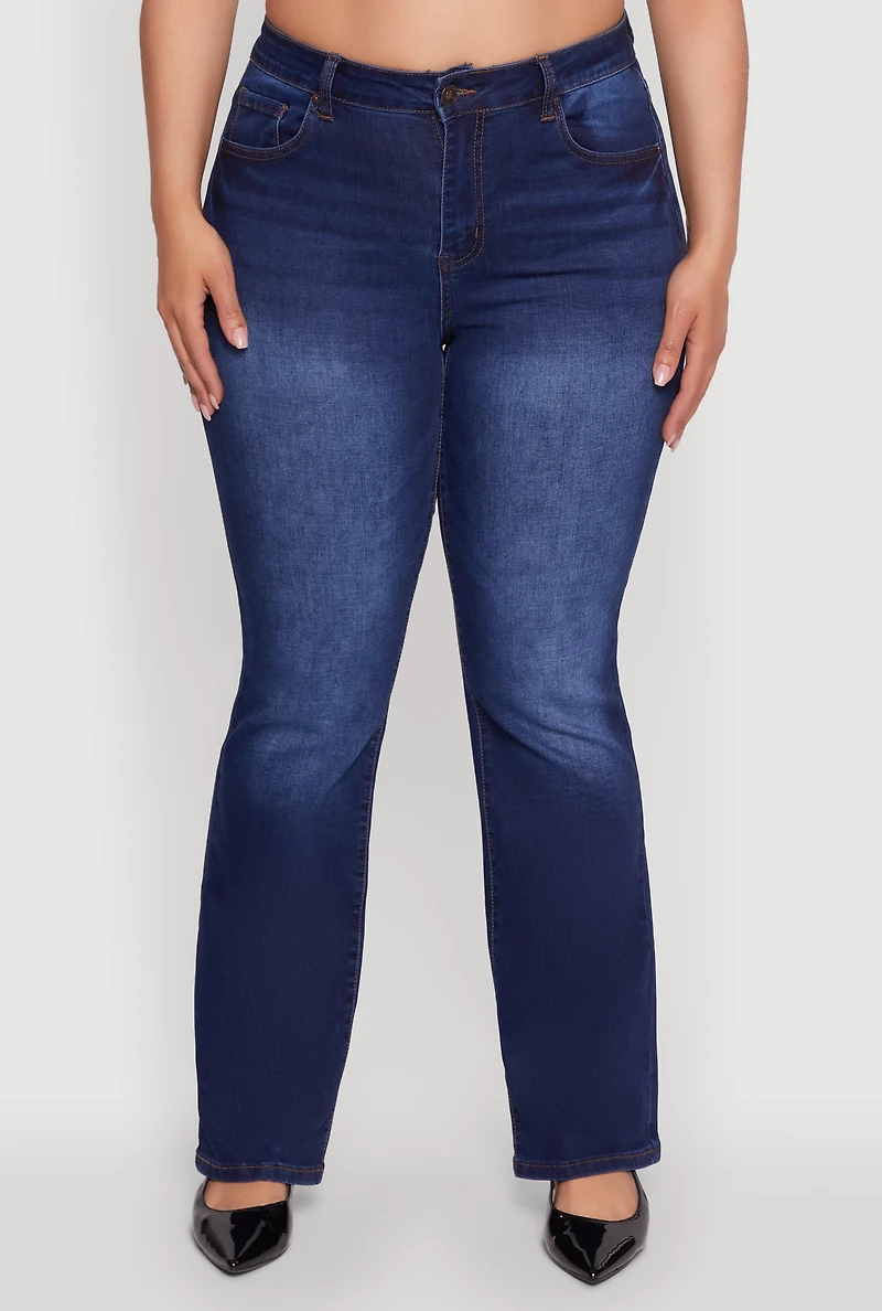 Womens Plus Size WAX High Waisted Whiskered Slim Flared Leg Jeans, Blue, Size 14