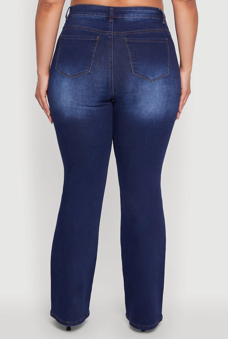 Womens Plus Size WAX High Waisted Whiskered Slim Flared Leg Jeans, Blue, Size 14