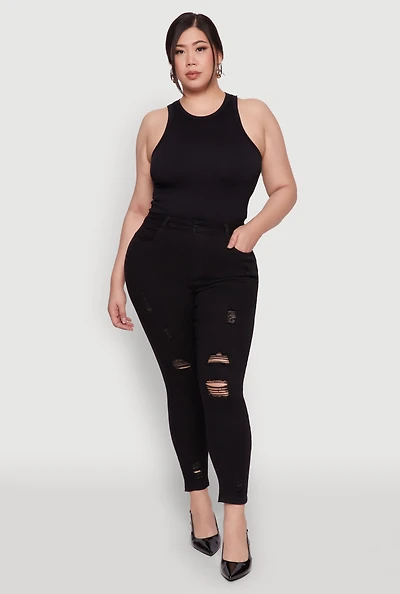Womens Plus WAX High Rise Distressed Push Up Skinny Jeans,