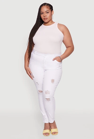 Womens Plus Size WAX High Rise Distressed Push Up Skinny Jeans, White, Size 14