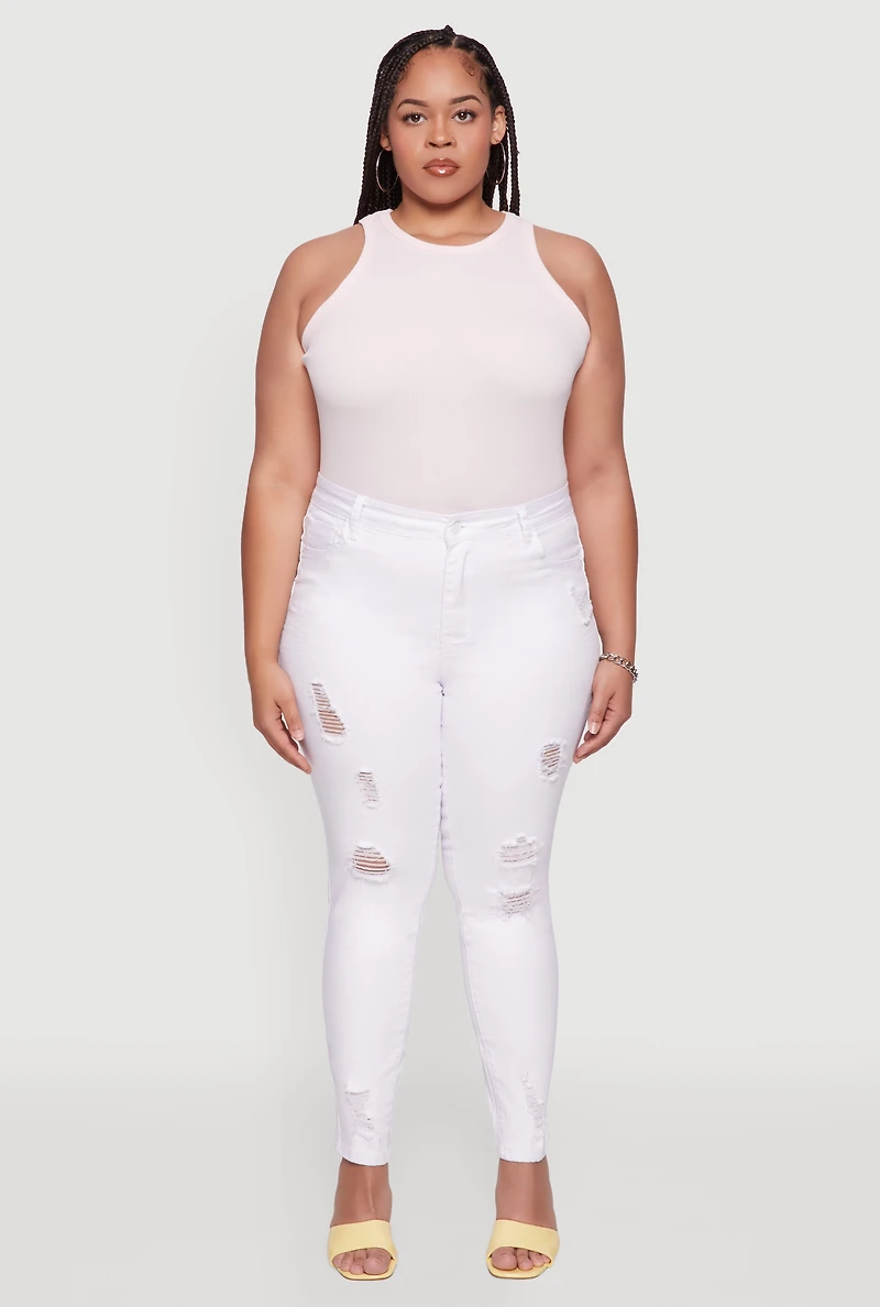 Womens Plus Size WAX High Rise Distressed Push Up Skinny Jeans, White, Size 14