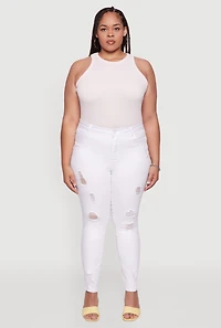 Womens Plus Size WAX High Rise Distressed Push Up Skinny Jeans, White, Size 14