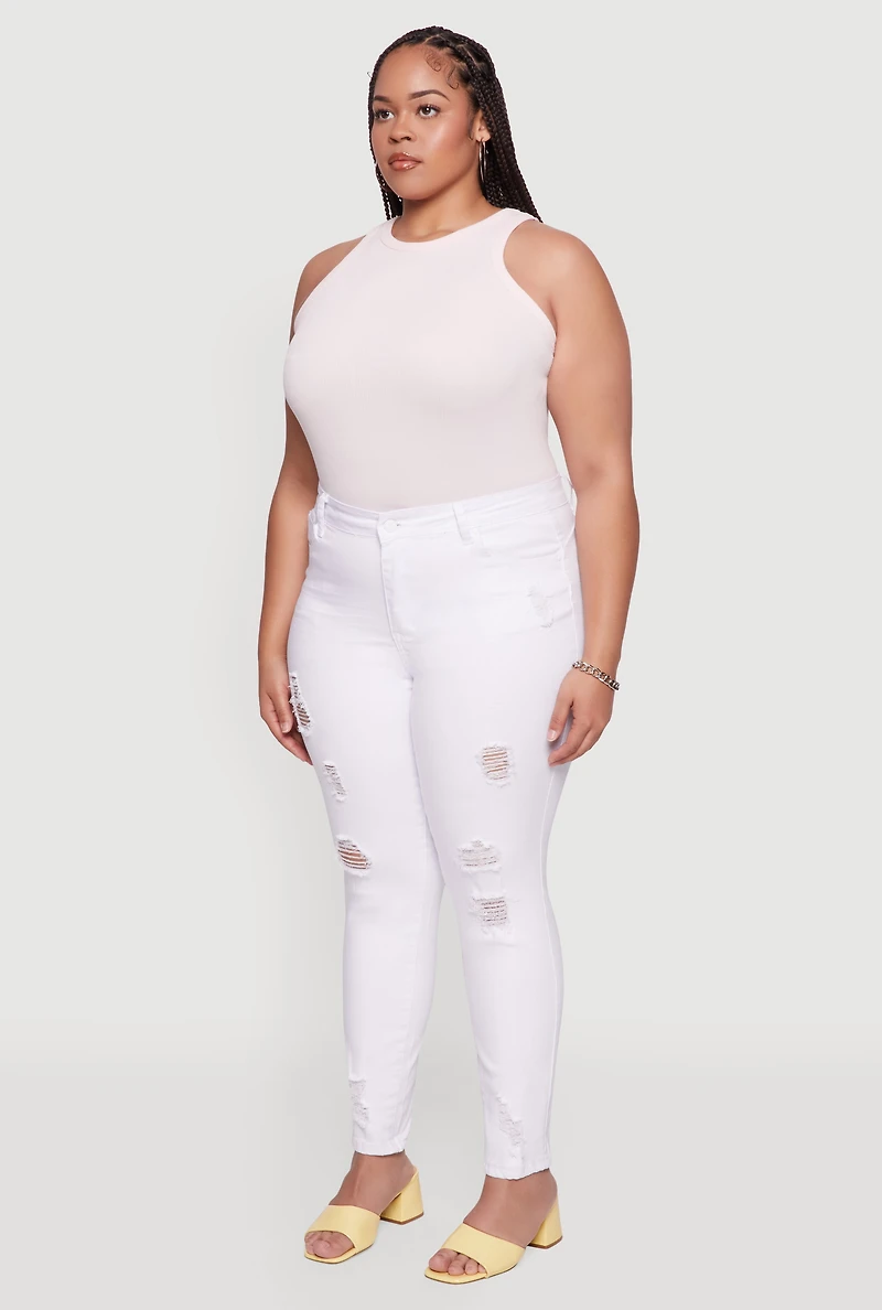 Womens Plus Size WAX High Rise Distressed Push Up Skinny Jeans, White, Size 14