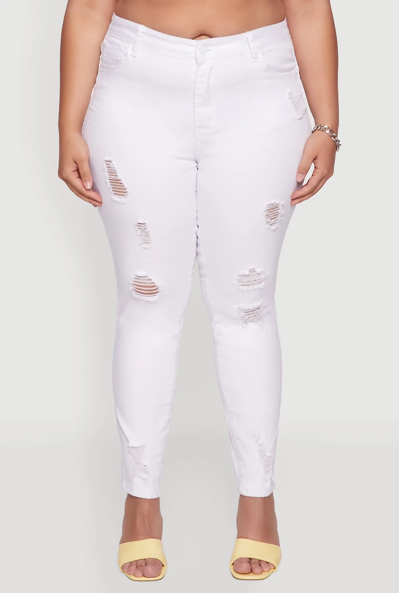 Womens Plus Size WAX High Rise Distressed Push Up Skinny Jeans, White, Size 14