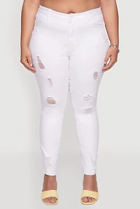 Womens Plus Size WAX High Rise Distressed Push Up Skinny Jeans, White, Size 14