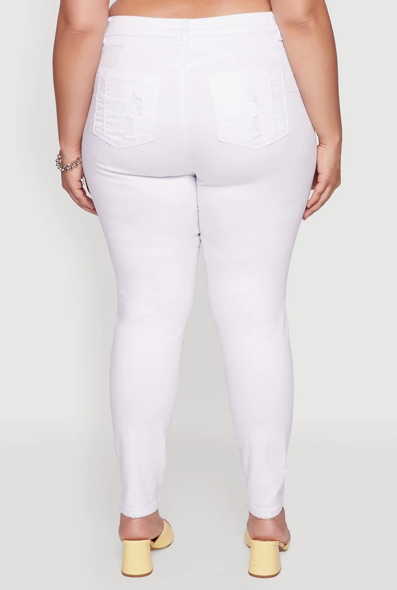 Womens Plus Size WAX High Rise Distressed Push Up Skinny Jeans, White, Size 14