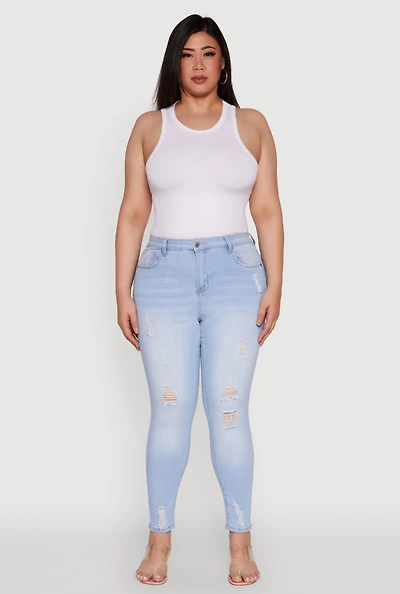 Womens Plus WAX High Rise Distressed Push Up Skinny Jeans,