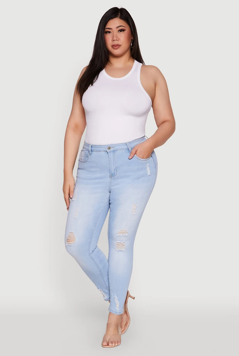 Womens Plus Size WAX High Rise Distressed Push Up Skinny Jeans, Blue, Size 18
