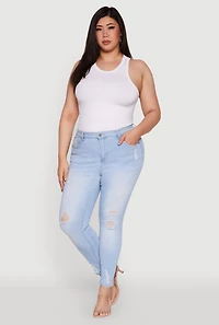 Womens Plus Size WAX High Rise Distressed Push Up Skinny Jeans, Blue, Size 18