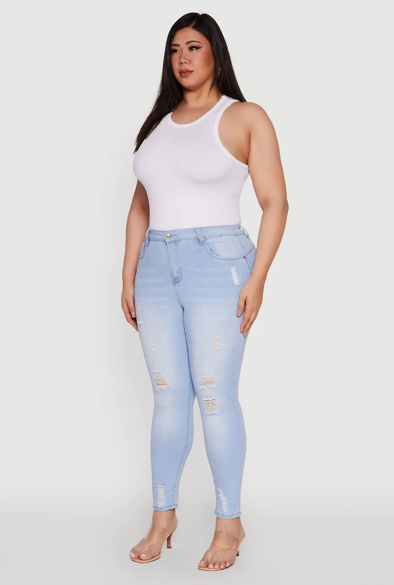 Womens Plus Size WAX High Rise Distressed Push Up Skinny Jeans, Blue, Size 18