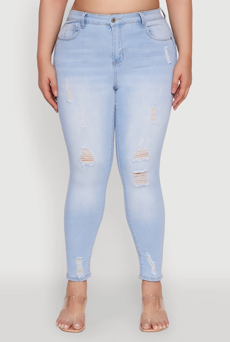 Womens Plus Size WAX High Rise Distressed Push Up Skinny Jeans, Blue, Size 18