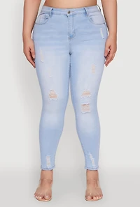 Womens Plus Size WAX High Rise Distressed Push Up Skinny Jeans, Blue, Size 18