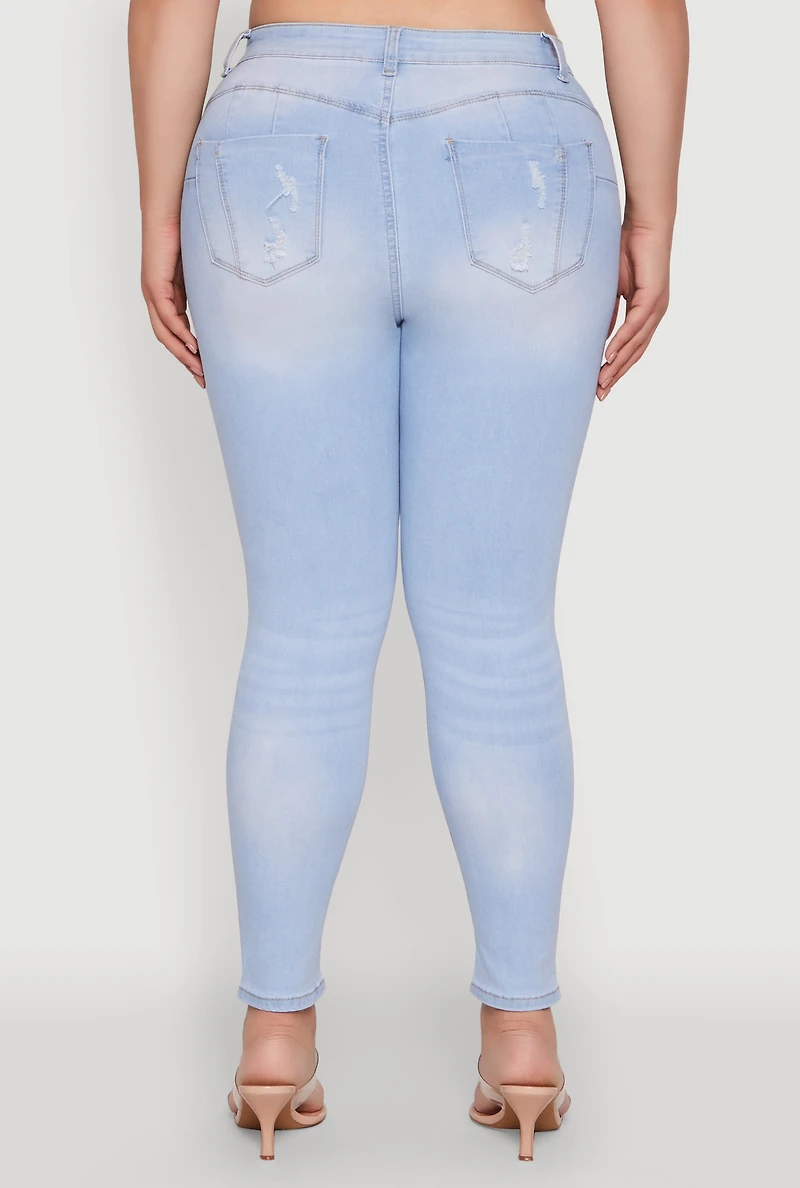 Womens Plus Size WAX High Rise Distressed Push Up Skinny Jeans, Blue, Size 18
