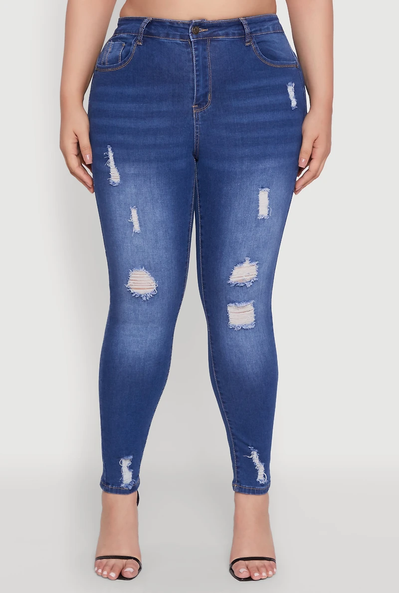 Womens Plus WAX High Rise Distressed Push Up Skinny Jeans, 18