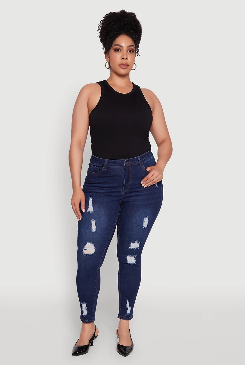 Womens Plus Size WAX High Rise Distressed Push Up Skinny Jeans, Blue, Size 16