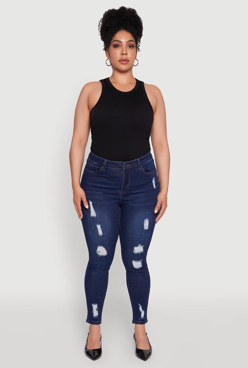 Womens Plus Size WAX High Rise Distressed Push Up Skinny Jeans, Blue, Size 16