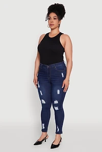Womens Plus Size WAX High Rise Distressed Push Up Skinny Jeans, Blue, Size 16