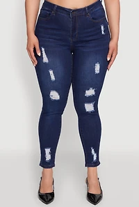Womens Plus Size WAX High Rise Distressed Push Up Skinny Jeans, Blue, Size 16