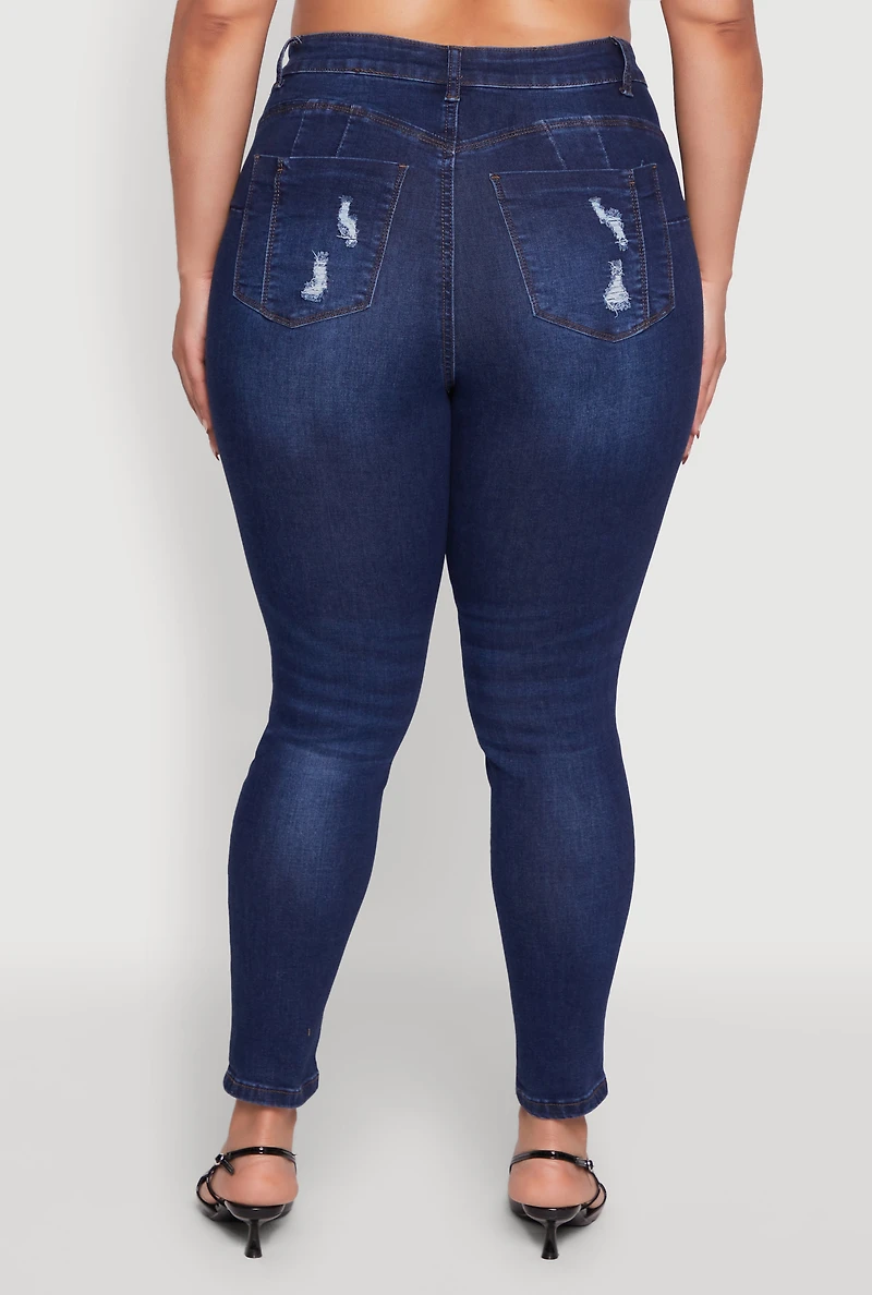 Womens Plus Size WAX High Rise Distressed Push Up Skinny Jeans, Blue, Size 16