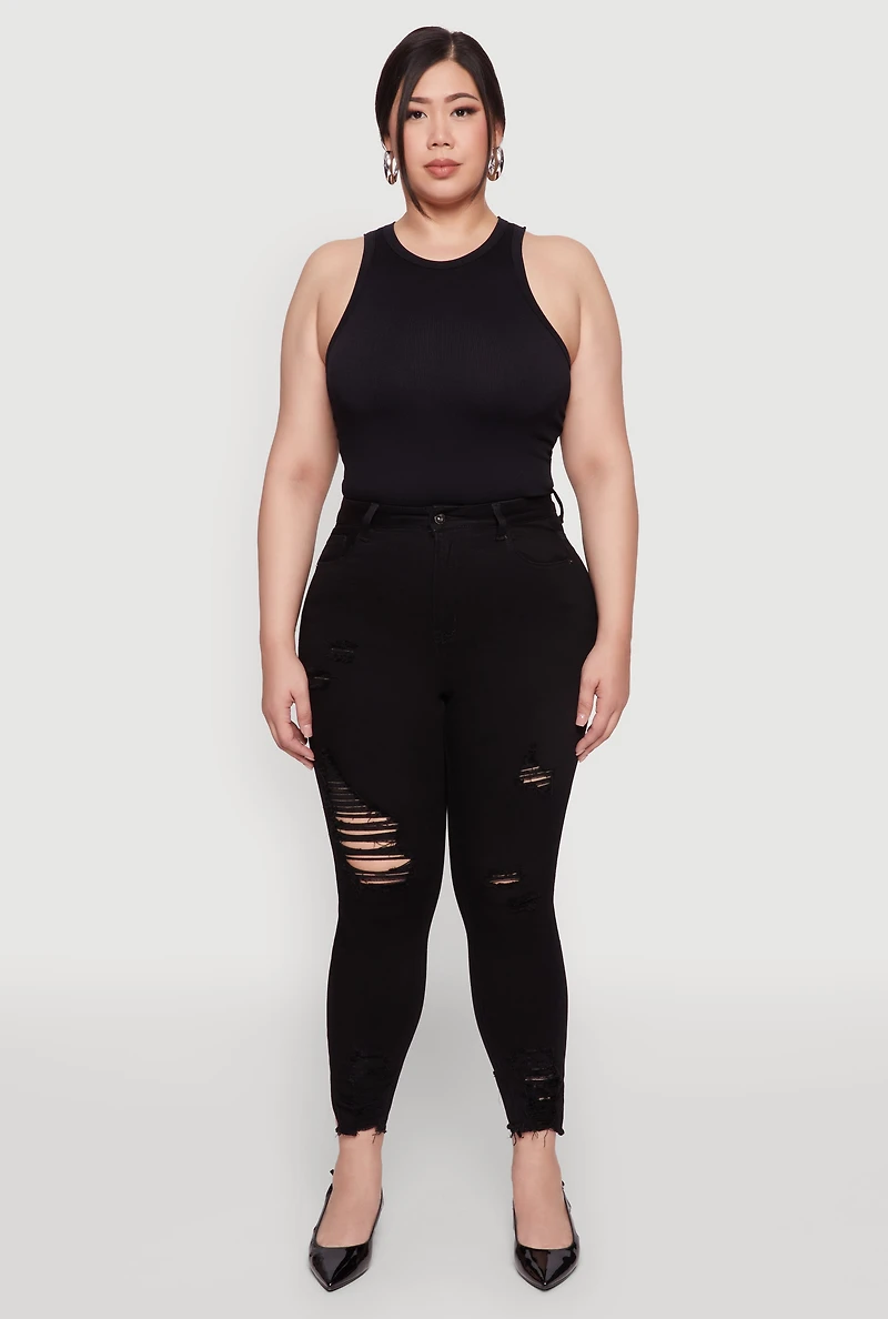 Womens Plus Size WAX High Waist Ripped Skinny Jeans, Black, Size 18