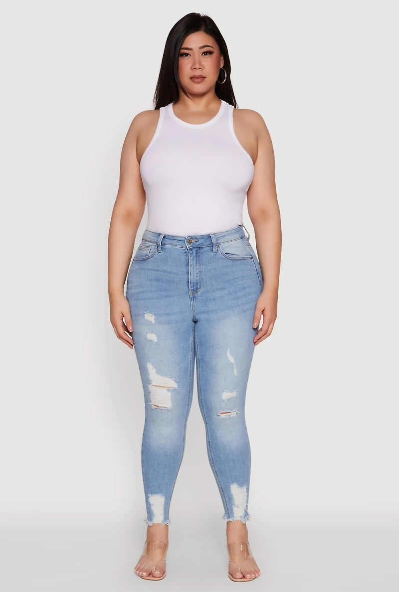 Womens Plus WAX High Waist Ripped Skinny Jeans, Blue,