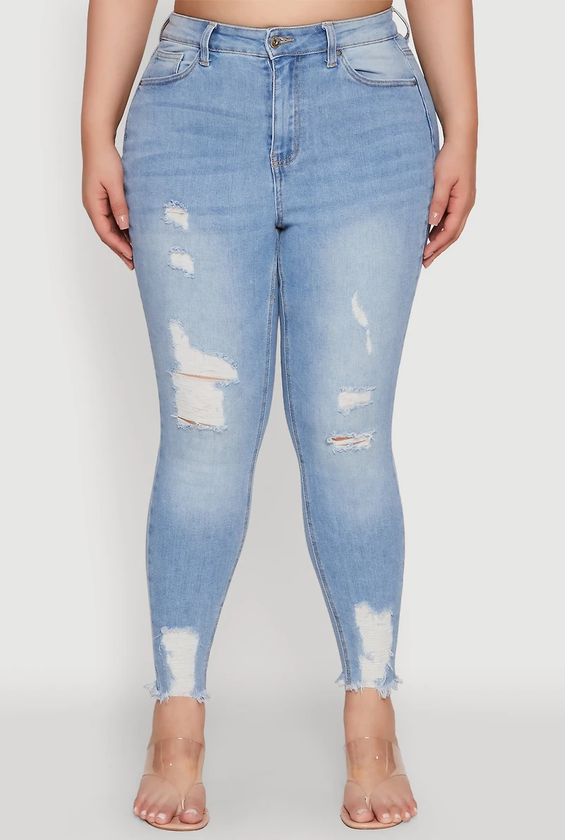 Womens Plus WAX High Waist Ripped Skinny Jeans, Blue,