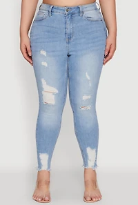 Womens Plus WAX High Waist Ripped Skinny Jeans, Blue,