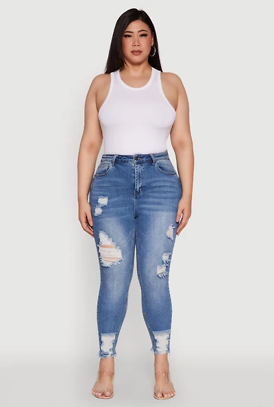 Womens Plus WAX High Waist Ripped Skinny Jeans, Blue,