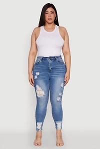 Womens Plus Size WAX High Waist Ripped Skinny Jeans, Blue, Size 18