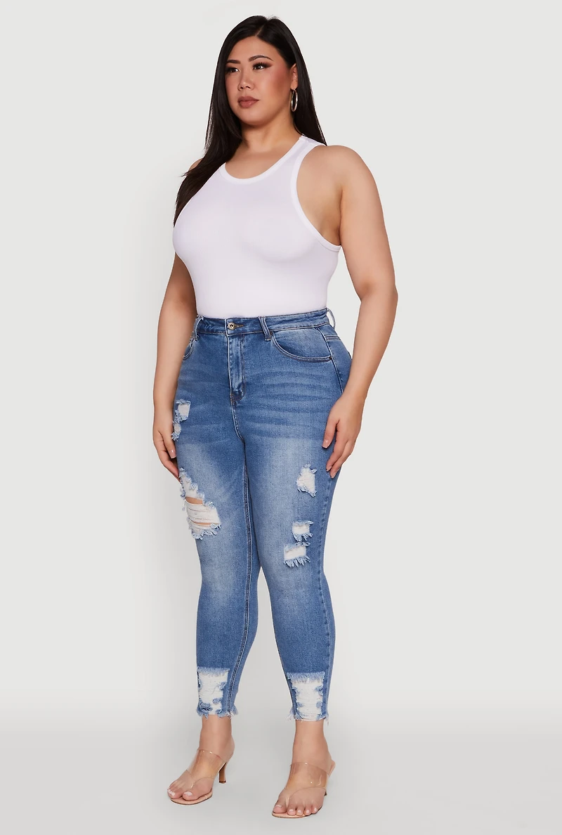 Womens Plus Size WAX High Waist Ripped Skinny Jeans, Blue, Size 18