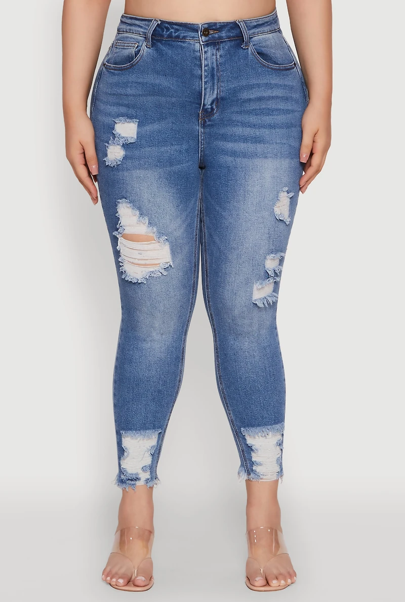 Womens Plus Size WAX High Waist Ripped Skinny Jeans, Blue, Size 18
