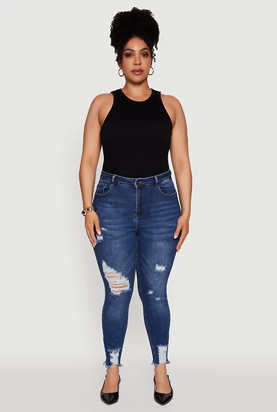 Womens Plus Size WAX High Waist Ripped Skinny Jeans, Blue, Size 14