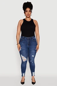 Womens Plus WAX High Waist Ripped Skinny Jeans, Blue,