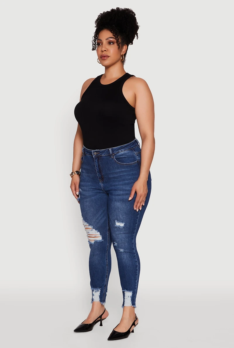 Womens Plus WAX High Waist Ripped Skinny Jeans, Blue,