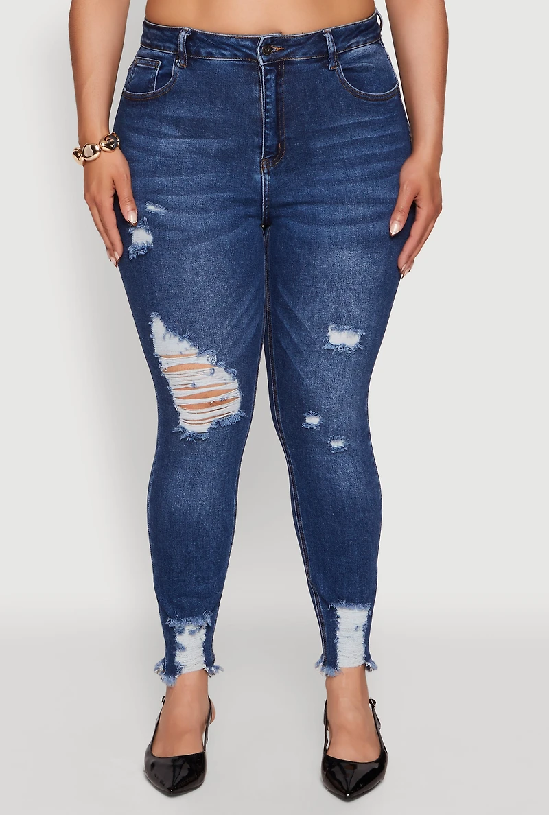 Womens Plus WAX High Waist Ripped Skinny Jeans, Blue,