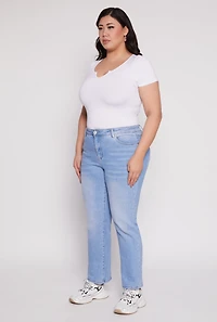 Womens Plus WAX Frayed Detail Straight Leg Jeans, Blue,