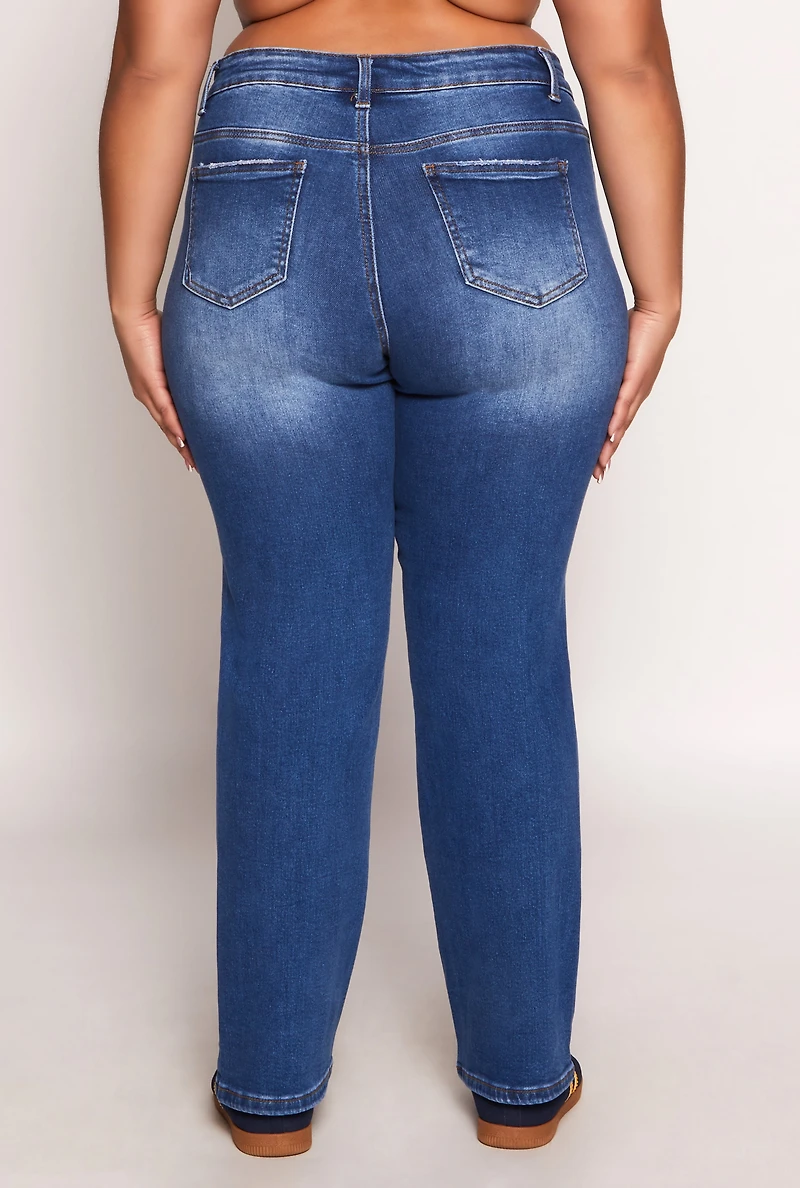 Womens Plus Size WAX Frayed Detail Straight Leg Jeans, Blue, Size 14